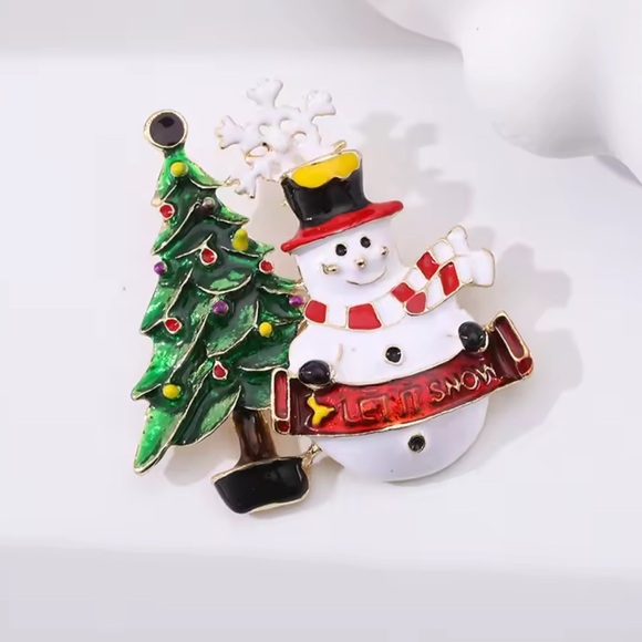 Festive Snowman and Christmas Tree Brooch - Picture 1 of 7